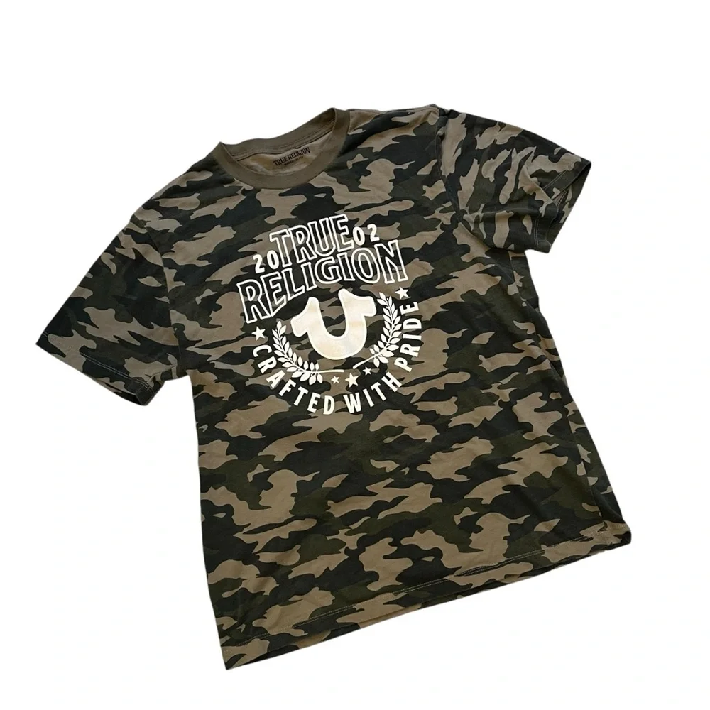 True Religion Mens Graphic Tee Camo Print White Logo Crew Neck, Sz XL